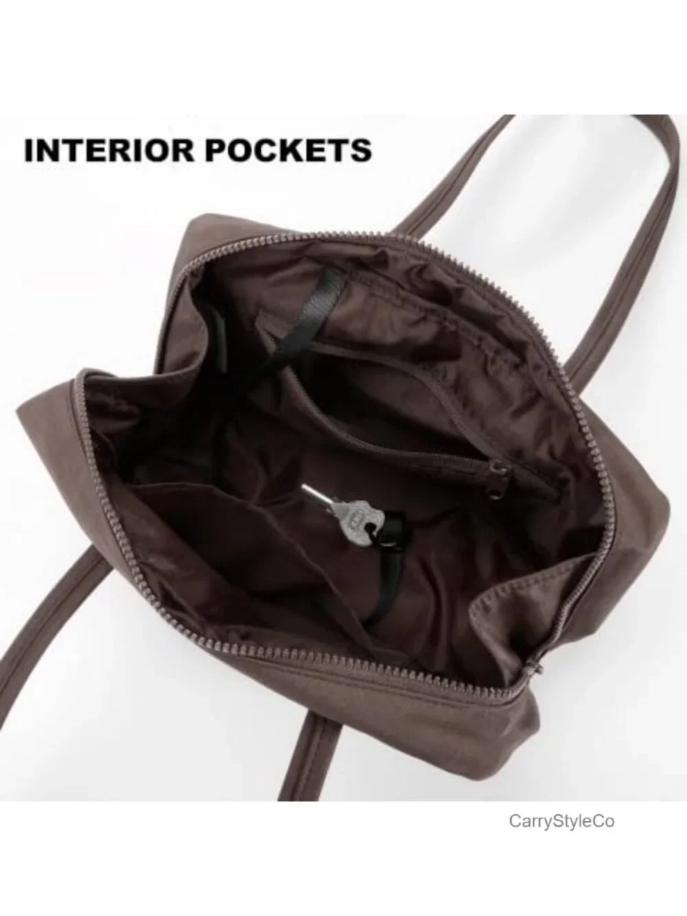 Slouchy Nylon Bowler Handbag with Zippered Pocket & Key Leash, Machine Washable
